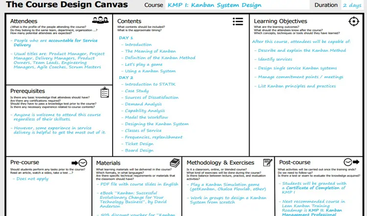 Curso oficial de la Lean Kanban University de diseño de un Sistema Kanban, orientado a profesionales que trabajan en proyectos, servicios y/u operaciones, tanto de forma individual como en equipo. No son imprescindibles conocimientos previos de Kanban, pero se recomienda haber asistido anteriormente al curso Team Kanban Practitioner para tener los conceptos más claros y que la formación fluya mejor.